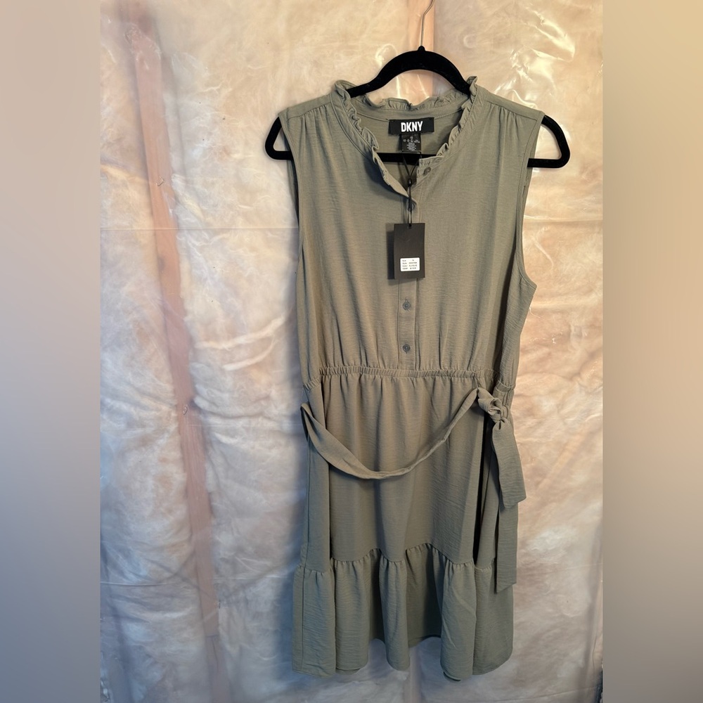 DKNY Olive Sleeveless Ruffled Midi Dress